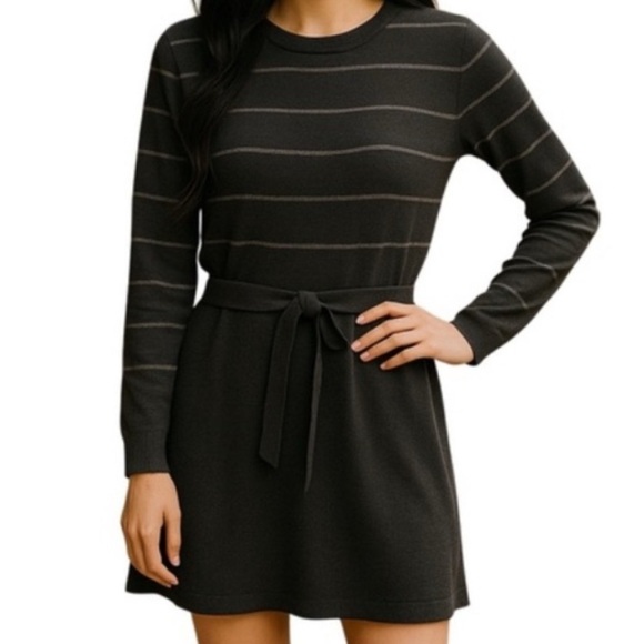 Theory Wool Blend Milly New Steady Stripe Tie Waist Fit n Flare Sweater L - Picture 1 of 7